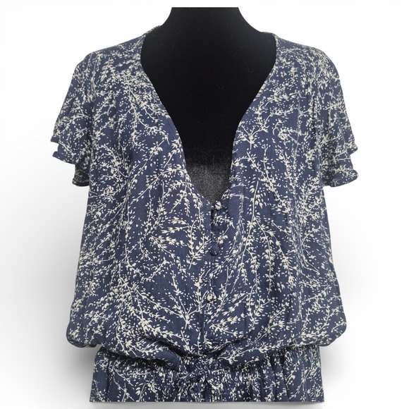 Lucky Brand Plus Sz 3X Dress Navy Blue Botanical Print V-Neck Maxi Boho Flutter - Picture 2 of 9